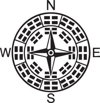 Compass rose with cardinal directions and bagua symbols, black and white