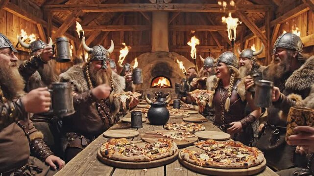 Vikings feast on pizza and drink beer in a rustic hall