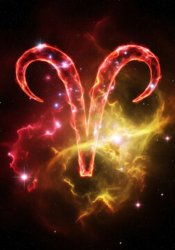 Aries zodiac sign glowing brightly in a vibrant red and orange cosmic nebula with stars.