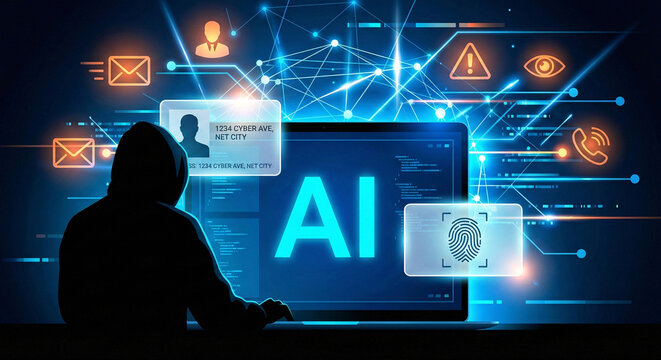 Hacker stealing digital identity through AI in a futuristic network