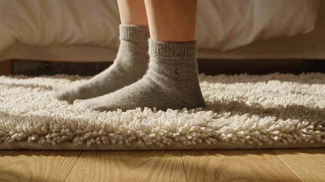 Feet in socks standing on a soft rug near a bed.