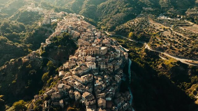 Cinematic aerial shot of Badolato old town in southern Italy