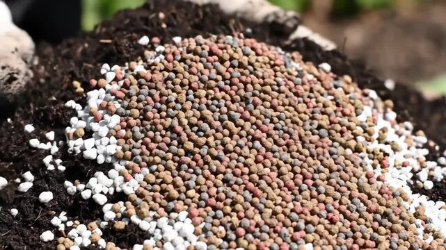 Fertilizer granules being poured onto soil for plant nourishment and growth.