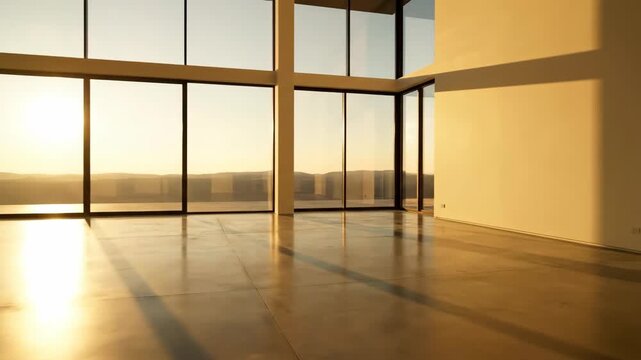Modern architectural interior with large windows and natural light.