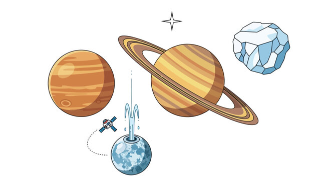 Cartoon illustration of space elements Jupiter Saturn moon with geyser probe ice object and star