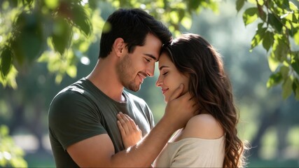 Fototapeta premium Young caucasian couple embrace in sunlit park amidst green foliage.