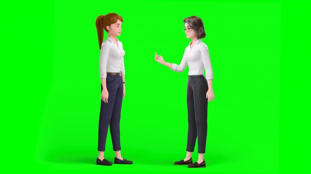 3D Animation of Two White Colleagues or Businesswomen in Formal Outfits Discussing Projects on Green Background
