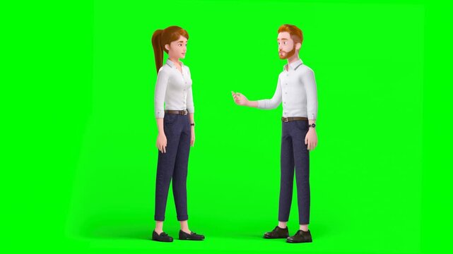 Two 3D Animated White Male and Female Corporate Colleagues or Businesspeople in Formal Outfits Talking Standing on Green Background