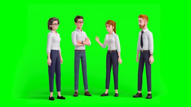 3D Animated Group of Four White Male and Female Businesspeople or Corporate Colleagues Discussing Project Updates on Green Background
