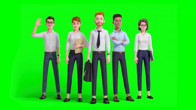 3D Animation of Five Diverse Male and Female Business Professionals or Colleagues Standing Together Smiling, Posing for Camera, Waving, Fixing Tie on Green Background