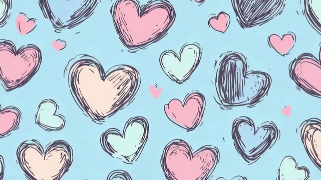 Colorful hand-drawn hearts pattern on soft blue background  