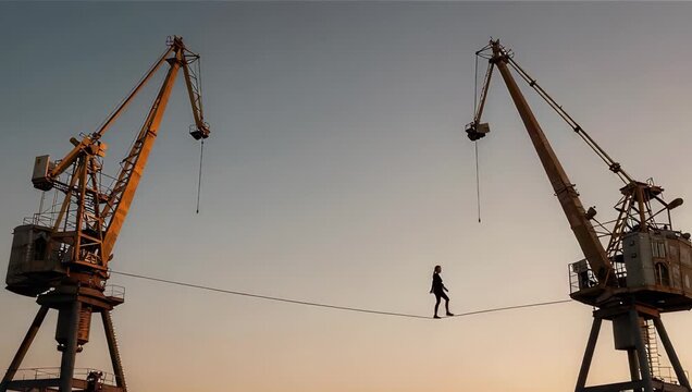 Balancing Act: A Performer on a Tightrope Between Two Cranes at Sunset
