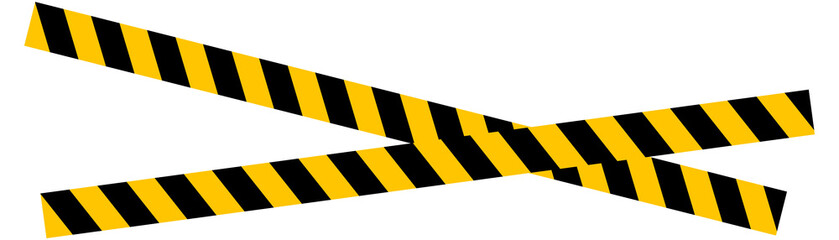 Two crossed strips of yellow and black diagonal hazard warning tape. 