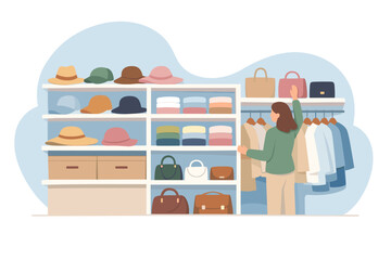 Woman Organizing Clothes and Accessories in a Modern Closet Wardrobe.