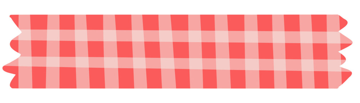 A long, horizontal strip of red and white gingham tape. The vibrant checkered pattern and zig-zag torn ends make it look like traditional kitchen or picnic fabric. 