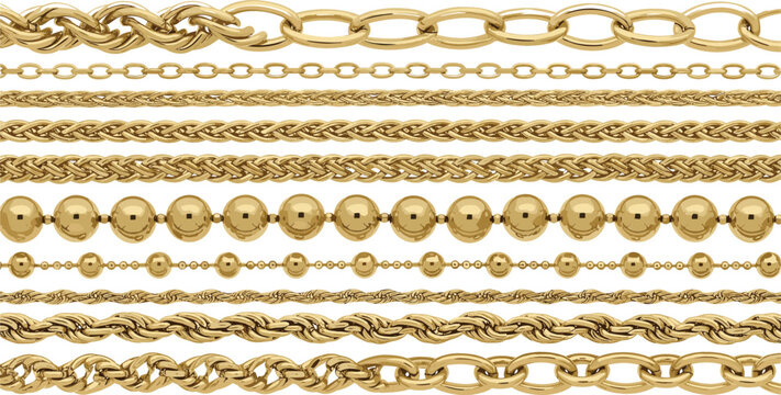 Gold Chain Jewelry Vector Borders Set with Luxury Metallic Necklace Bracelet Patterns Decorative Fashion Illustration Design