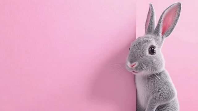 Grey rabbit leaning against pink background with curious expression  