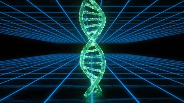 Glowing DNA double helix in futuristic blue grid background