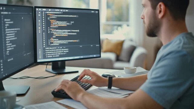 Man working on computer coding software.