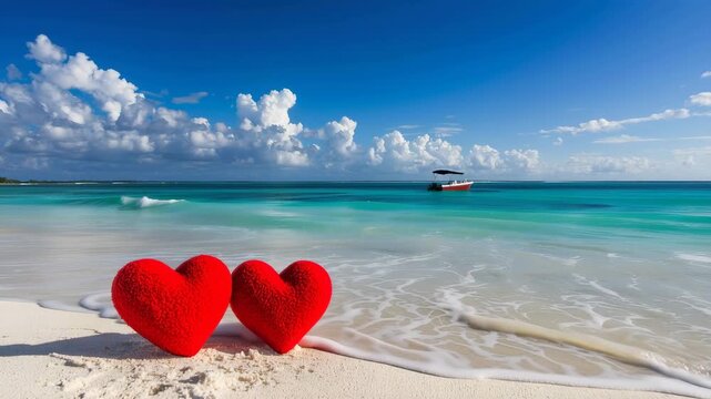 Red heart-shaped objects on sandy beach with turquoise ocean  