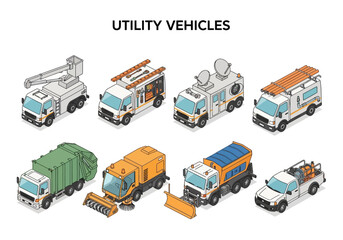 Collection of isometric utility vehicles for various services including sanitation, snow removal, and maintenance