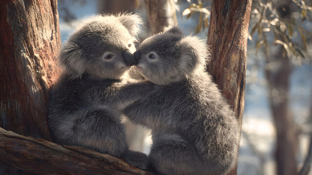 Two koalas touching noses in a tree