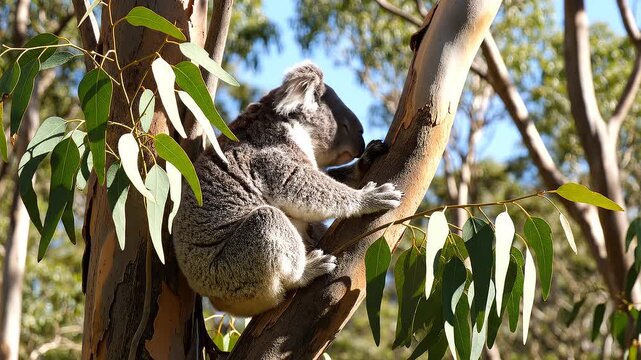 Koala resting on tree branch outside.