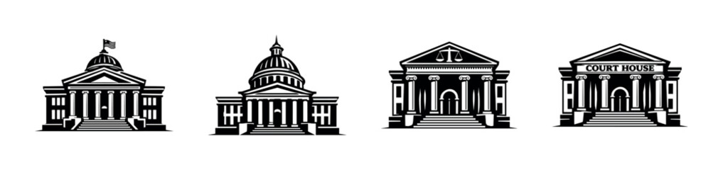 Courthouse and capitol vector icons set. government building symbols in black style