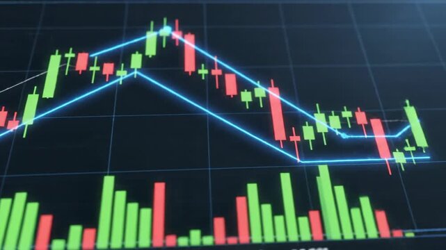 Stock chart shows candlestick data. Green and red bars, up and down trends, with glowing lines