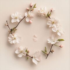 Obraz premium Delicate Blossom Arrangement on Soft Beige Background in Circular Layout