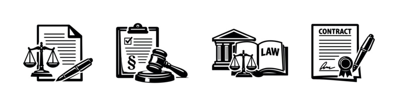 Law and justice vector icons set: legal symbols and courtroom elements