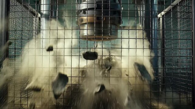 Concrete cylinder compression test in laboratory setting.