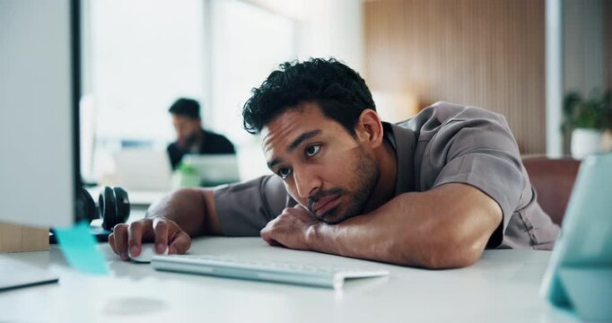 Business, man and tired at computer in office for article burnout, mental fatigue or low energy. Coworking agency, exhausted journalist and sleepy at PC from narcolepsy, tedious editing or overworked