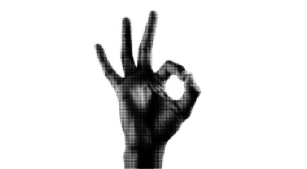 Halftone Dotted OK Hand Gesture Vector Illustration Black and White Pop Art