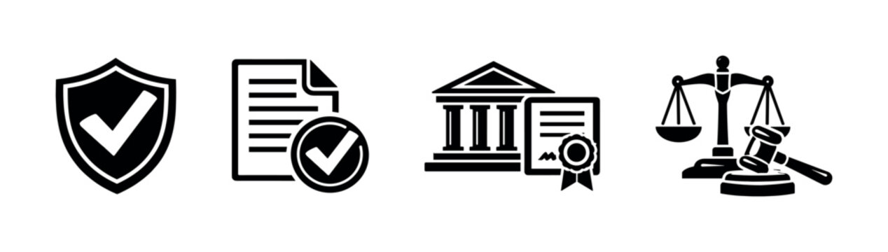Legal and security vector icons set: justice symbols, protection graphics