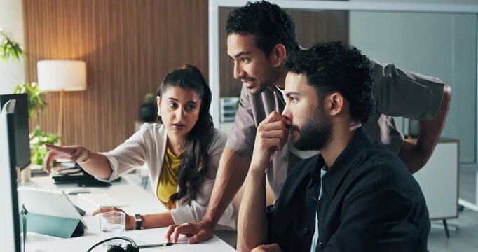 Business people, discussion and computer with team for project planning or collaboration in office. Group, employees or conversation with ideas on technology for company development or brainstorming