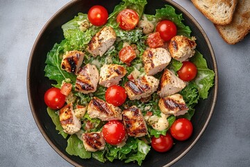 Grilled chicken salad with cherry tomatoes, mixed leafy greens, creamy dressing, grated cheese and toasted bread, fresh and appetizing