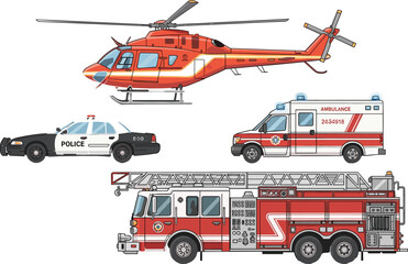Emergency Service Vehicle Vector Set Featuring Red Fire Truck, Ambulance, Police Patrol Car, and Rescue Helicopter for Public Safety and First Responder Graphic Designs © MdNipon