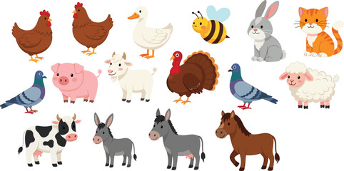 Adorable Vector Farm Animal Collection Featuring Cow, Pig, Horse, Sheep, Chicken, Duck, and Bee in Cute Cartoon Style for Childrens Education and Nursery Designs