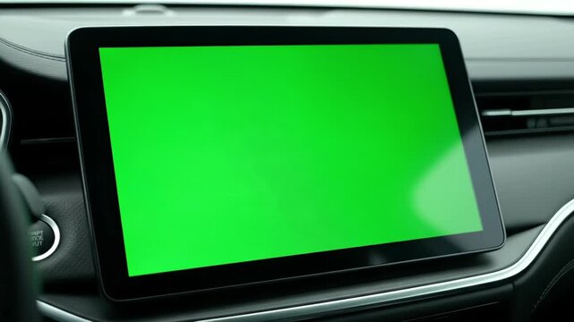 Vehicle dashboard tablet with flat green display and no reflections. Clean matte frame and centered composition allow easy screen replacement for media, interface, and branding use