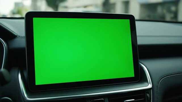Automotive infotainment screen with pure green fill and sharp matte bezel edges. Ideal for compositing workflows, digital interface previews, and vehicle media display mockups