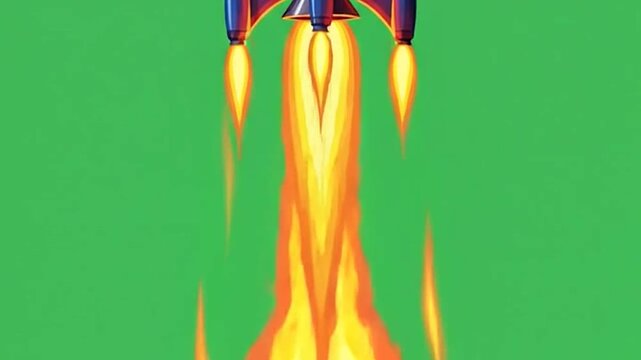A cartoon et ship launching upwards with fiery exhaust against a green screen