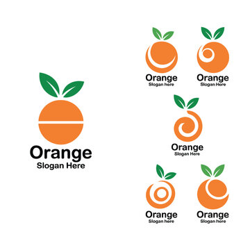 Variety of orange fruit logo designs with leaves and text elements