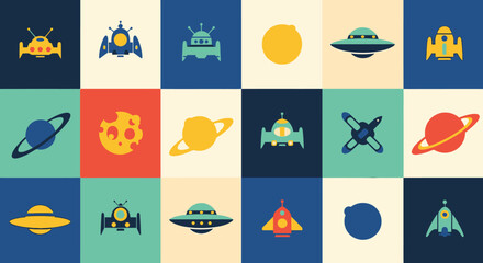 Collection of colorful space-themed icons in a grid pattern. © Abhinaya Project