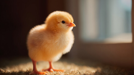 Obraz premium Fluffy baby chick standing in fresh spring grass in soft morning light with shallow depth of field for easter greeting cards seasonal banners or holiday packaging design