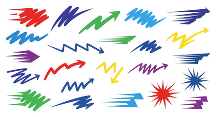 Collection of colorful hand drawn arrows and starbursts on white background.