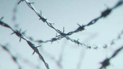 Barbed wire strands in shallow depth of field symbolizing restriction control conflict and security concept for law enforcement themes prison systems border protection or political tension visuals