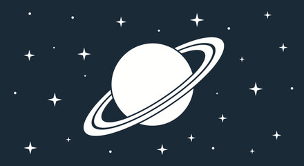 Simple White Saturn Planet Illustration Against Starry Night Sky. © Abhinaya Project