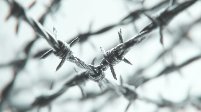 Barbed wire strands in shallow depth of field symbolizing restriction control conflict and security concept for law enforcement themes prison systems border protection or political tension visuals