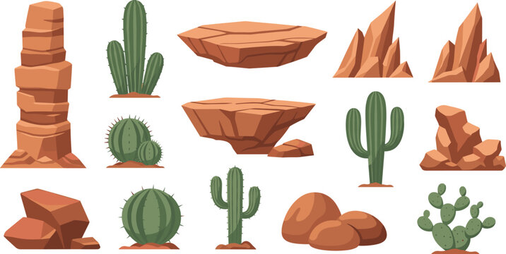 Desert rock and cactus landscape elements collection with arid nature stones and succulents for game environment vector illustration set.